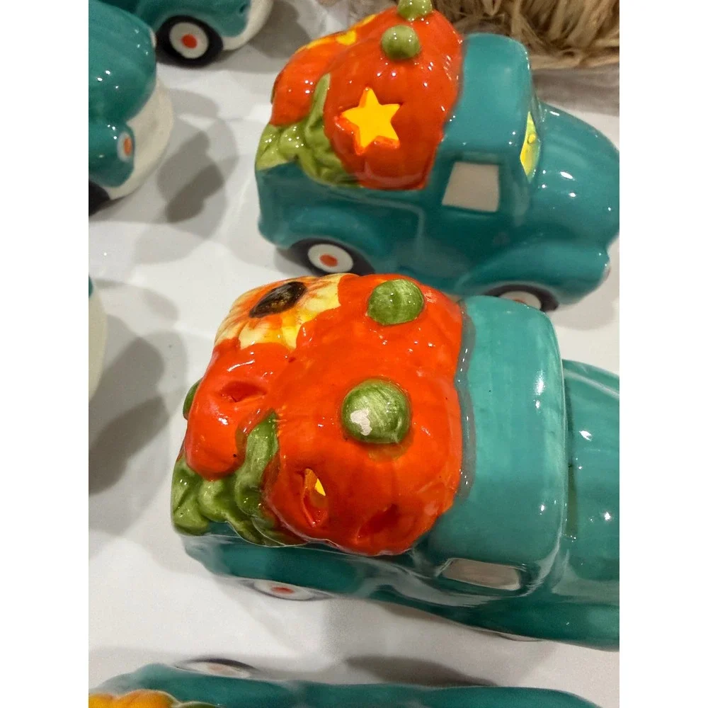 Fall Harvest Decor Lot Teal Ceramic Light Up Pumpkin Trucks Raffia Wood Pumpkin